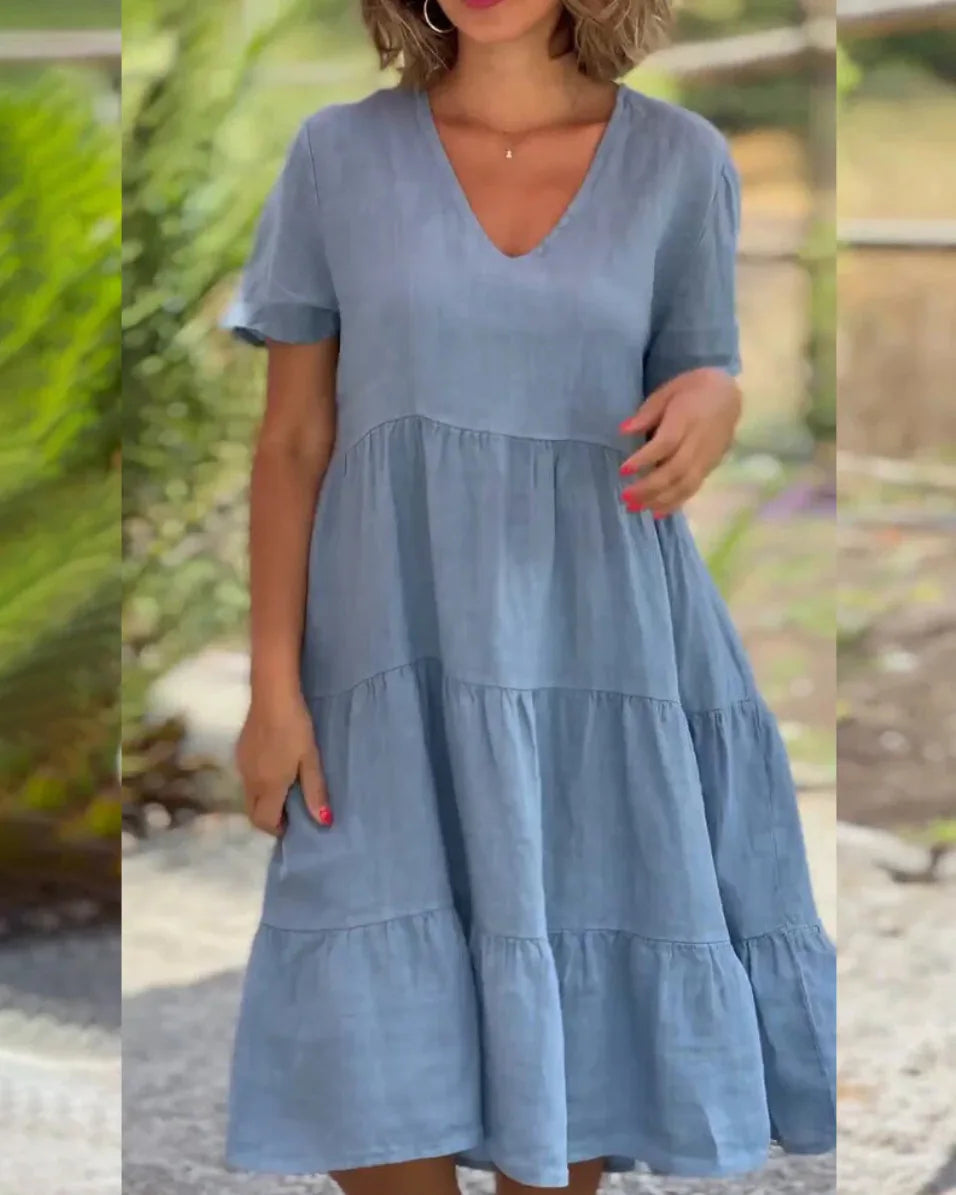 Cotton Linen Casual Women's Dresses 2025 Spring/Summer Sweet Short Sleeve Solid V-neck Large Swing Loose Dress S-5XL