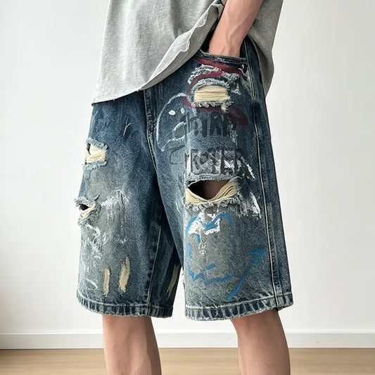 Men's Short Jeans Hip Hop Ripped Multi Color Male Denim Shorts Graphic Harajuku Vintage Knee Length Shorts Korean Fashion