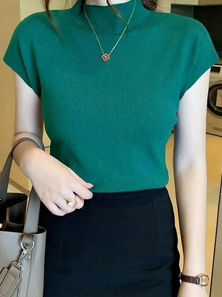 2026 Women Summer Knitted Turtleneck Sleeveless T-Shirts Tops Solid Slim Fit Pullovers Causal Tees Female Streetwear Basics Tees