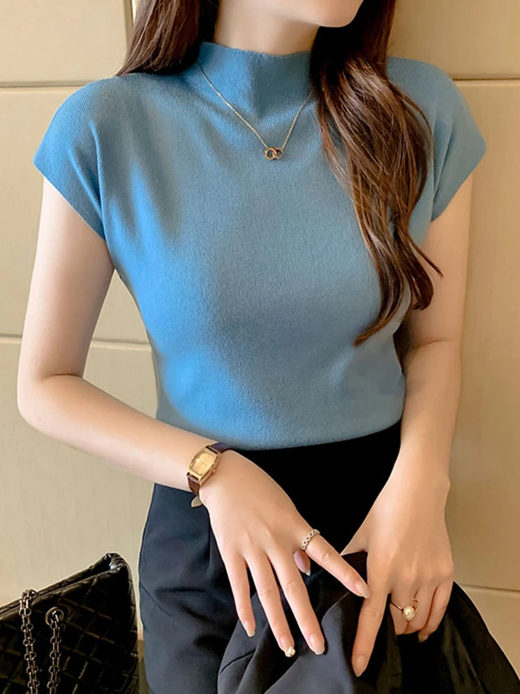 2026 Women Summer Knitted Turtleneck Sleeveless T-Shirts Tops Solid Slim Fit Pullovers Causal Tees Female Streetwear Basics Tees