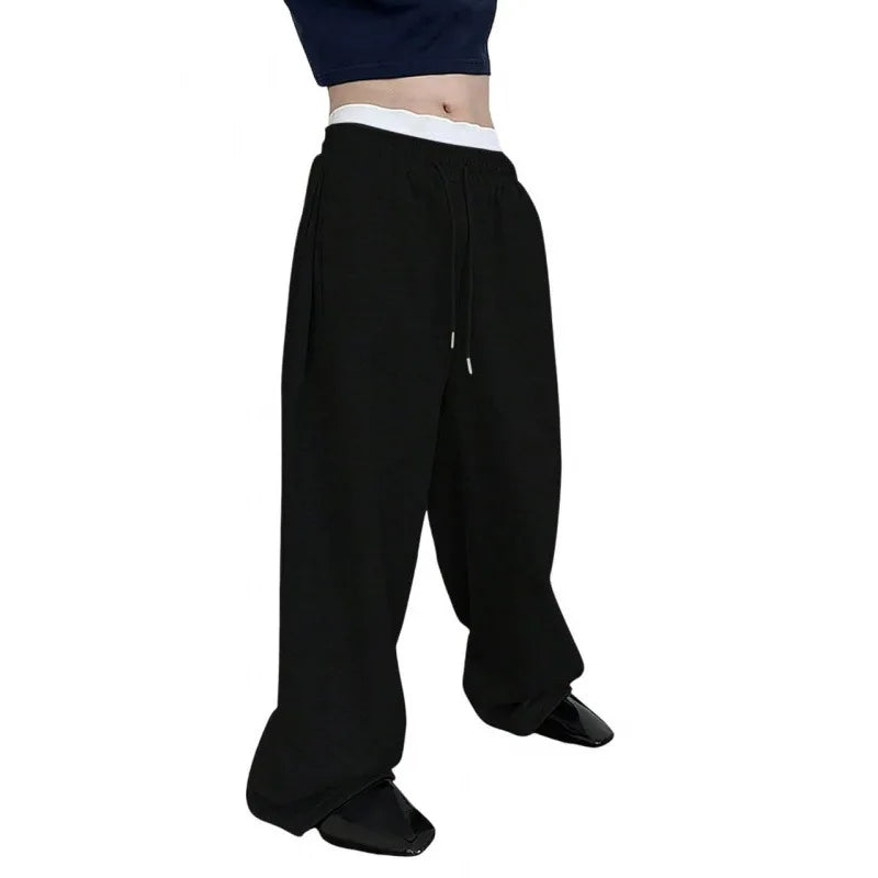 Men's Solid Color Sanitary Winter Pants 2025 Drawstring Waist Straight Wide Leg Loose Fit with Pockets Versatile Sports Trousers