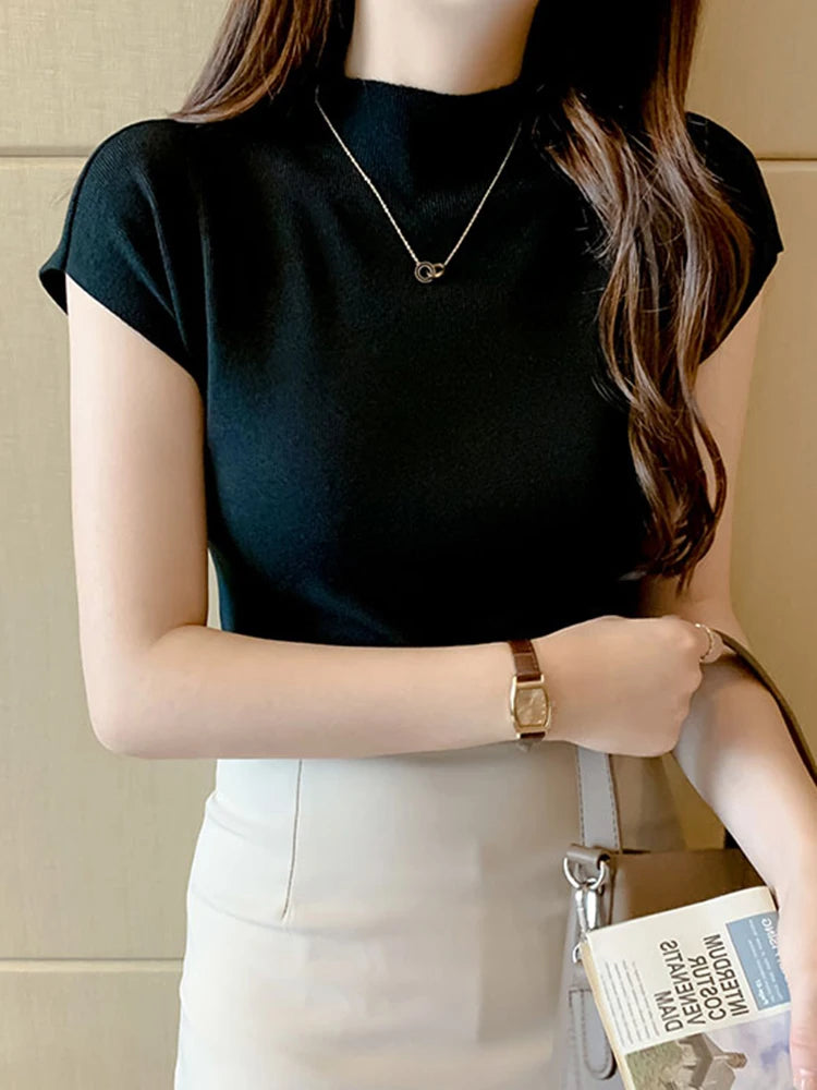 2026 Women Summer Knitted Turtleneck Sleeveless T-Shirts Tops Solid Slim Fit Pullovers Causal Tees Female Streetwear Basics Tees