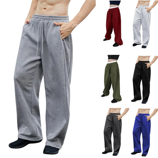 Men's Solid Color Sanitary Winter Pants 2025 Drawstring Waist Straight Wide Leg Loose Fit with Pockets Versatile Sports Trousers