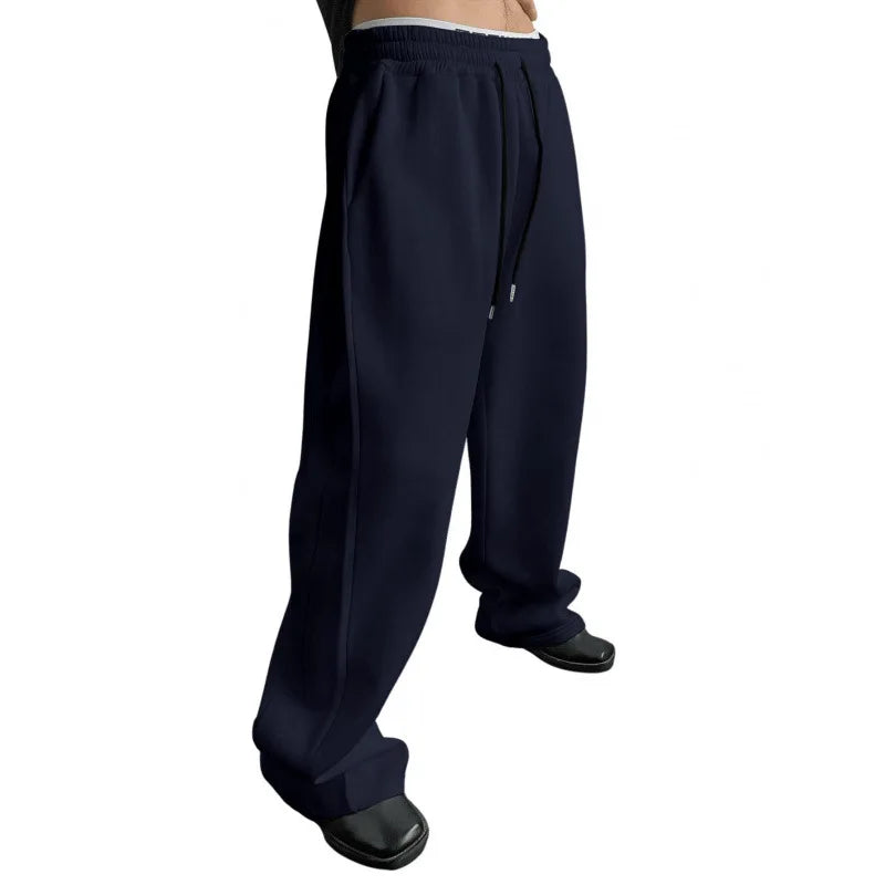 Men's Solid Color Sanitary Winter Pants 2025 Drawstring Waist Straight Wide Leg Loose Fit with Pockets Versatile Sports Trousers