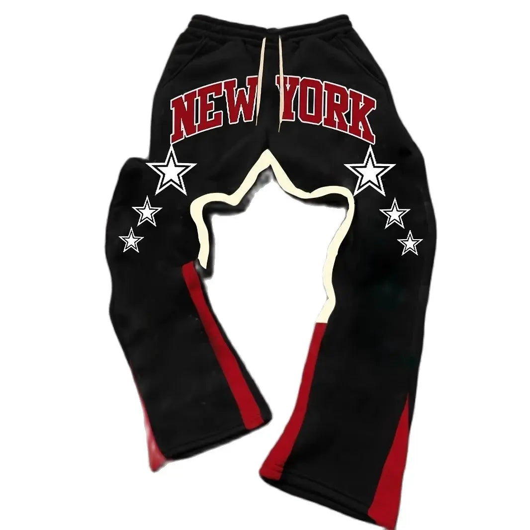 Essential for Men's Street - savvy Fashion! Black Joggers with "NEW YORK" Letters + Star - shaped Personalized Prints
