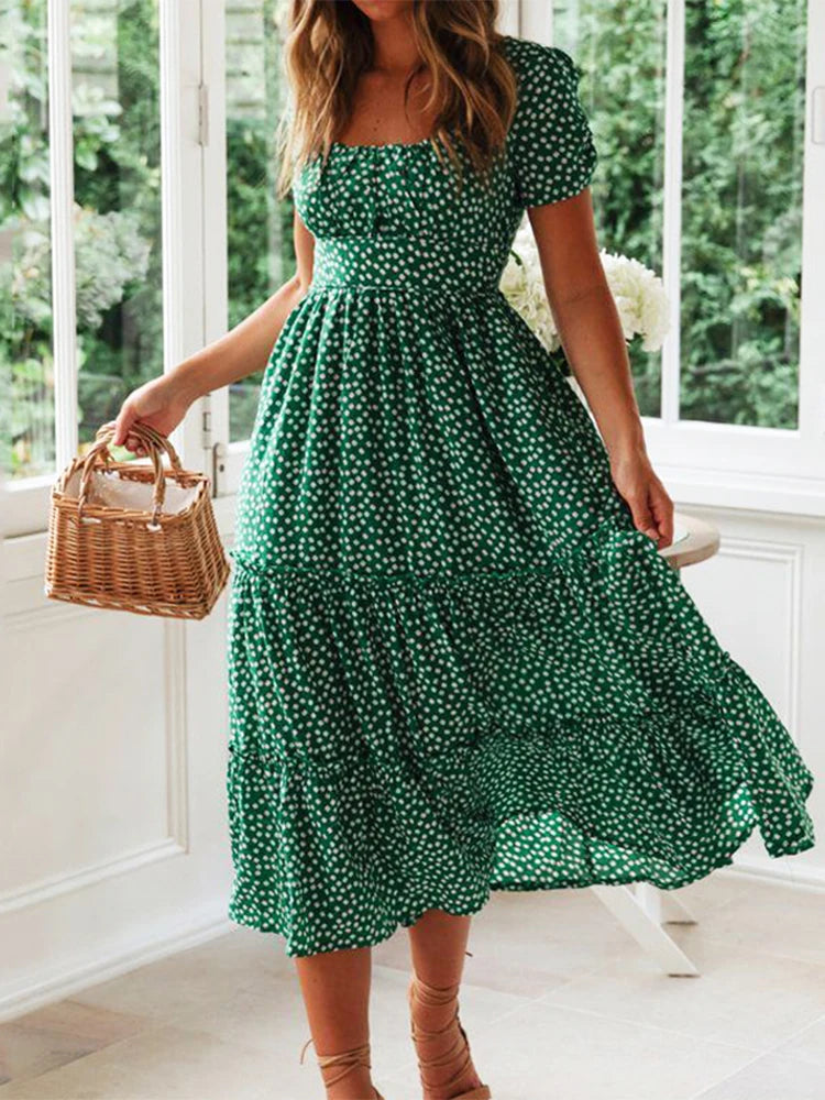 Vestidos Vintage Vintage Print Puff Sleeve summer Beach sweet dresses Casual Square collar floral maxi long dress  festa