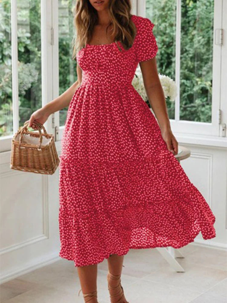 Vestidos Vintage Vintage Print Puff Sleeve summer Beach sweet dresses Casual Square collar floral maxi long dress  festa