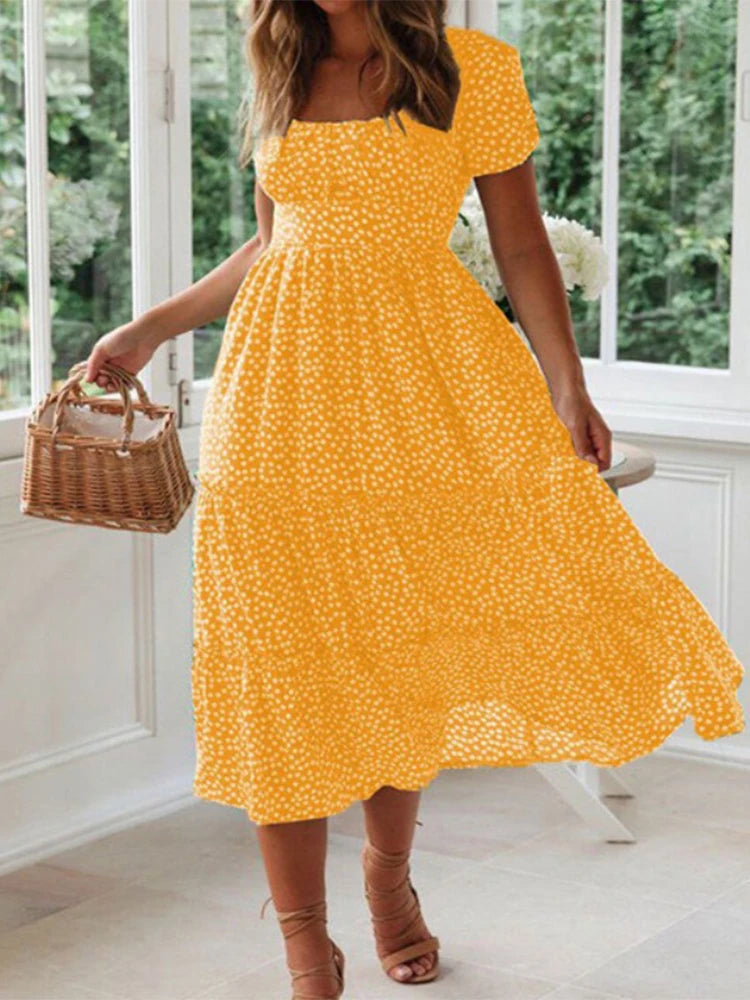 Vestidos Vintage Vintage Print Puff Sleeve summer Beach sweet dresses Casual Square collar floral maxi long dress  festa