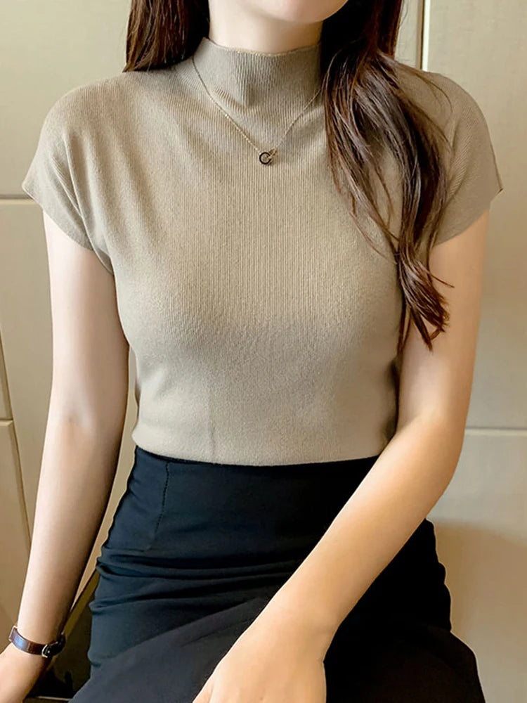 2026 Women Summer Knitted Turtleneck Sleeveless T-Shirts Tops Solid Slim Fit Pullovers Causal Tees Female Streetwear Basics Tees