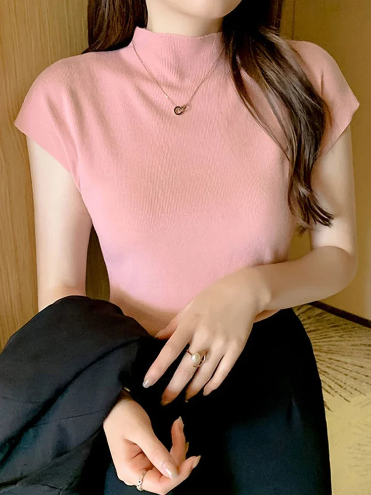 2026 Women Summer Knitted Turtleneck Sleeveless T-Shirts Tops Solid Slim Fit Pullovers Causal Tees Female Streetwear Basics Tees