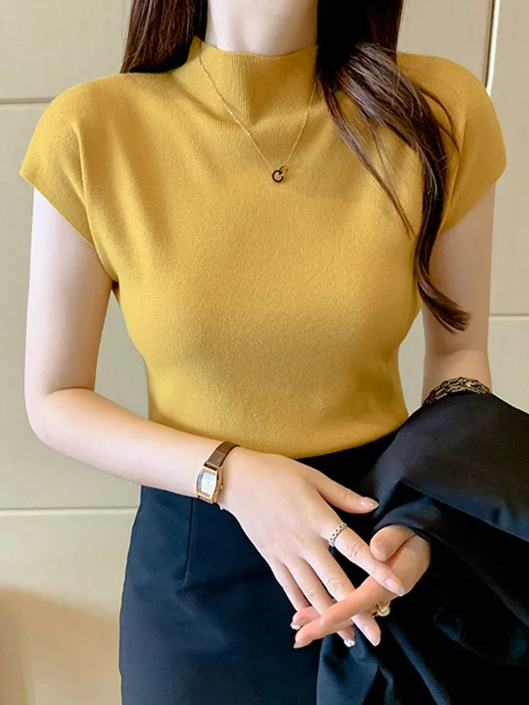 2026 Women Summer Knitted Turtleneck Sleeveless T-Shirts Tops Solid Slim Fit Pullovers Causal Tees Female Streetwear Basics Tees