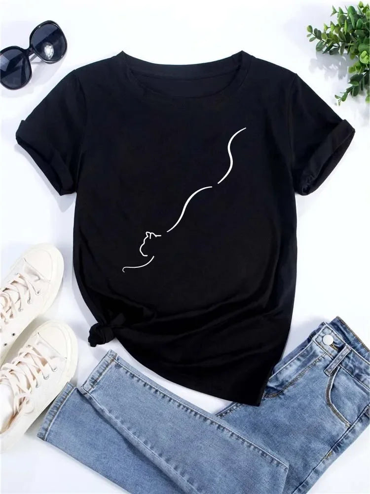 New Cute Love Heart Cat Print Women T-Shirt Casual Short Sleeve Top Summer Women's Clothing Cartoon Streetwear Y2k Clothes