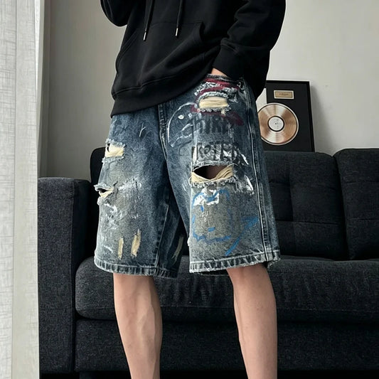 Men's Short Jeans Hip Hop Ripped Multi Color Male Denim Shorts Graphic Harajuku Vintage Knee Length Shorts Korean Fashion