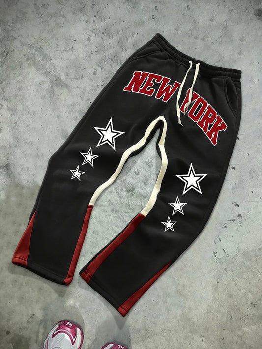 Essential for Men's Street - savvy Fashion! Black Joggers with "NEW YORK" Letters + Star - shaped Personalized Prints