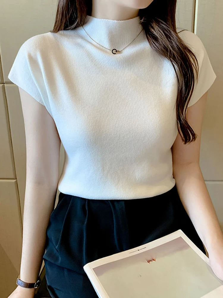 2026 Women Summer Knitted Turtleneck Sleeveless T-Shirts Tops Solid Slim Fit Pullovers Causal Tees Female Streetwear Basics Tees