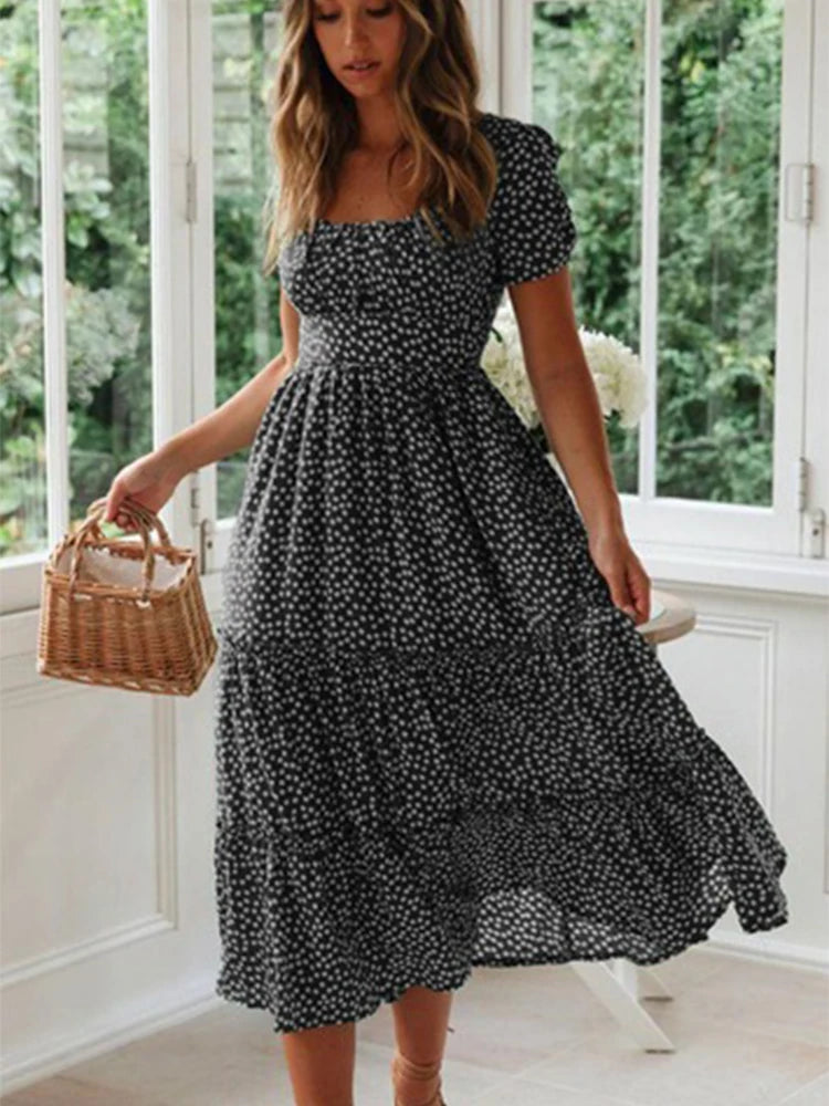 Vestidos Vintage Vintage Print Puff Sleeve summer Beach sweet dresses Casual Square collar floral maxi long dress  festa