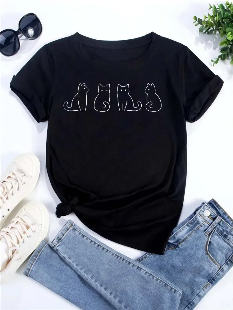 New Cute Love Heart Cat Print Women T-Shirt Casual Short Sleeve Top Summer Women's Clothing Cartoon Streetwear Y2k Clothes