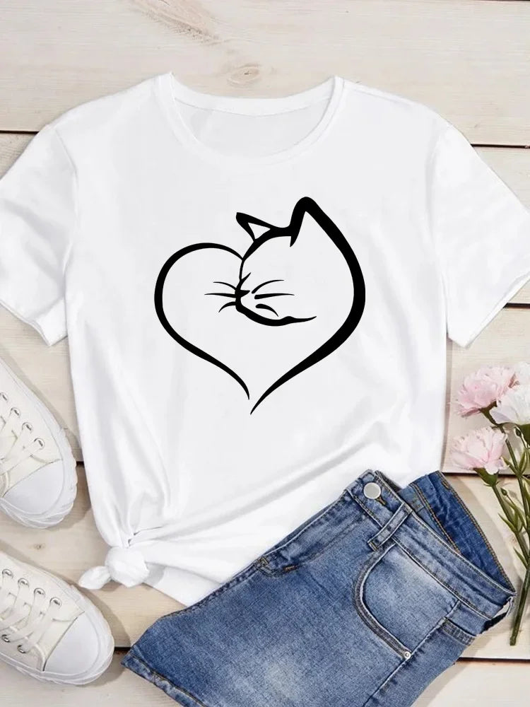 New Cute Love Heart Cat Print Women T-Shirt Casual Short Sleeve Top Summer Women's Clothing Cartoon Streetwear Y2k Clothes