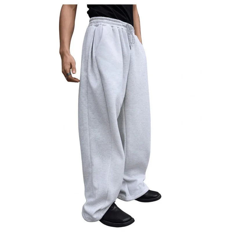 Men's Solid Color Sanitary Winter Pants 2025 Drawstring Waist Straight Wide Leg Loose Fit with Pockets Versatile Sports Trousers